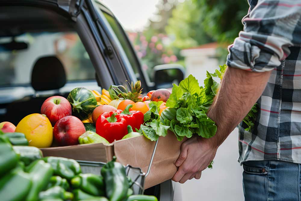 Eine große Kiste mit Gemüse und Obst wird in ein Auto geladen.